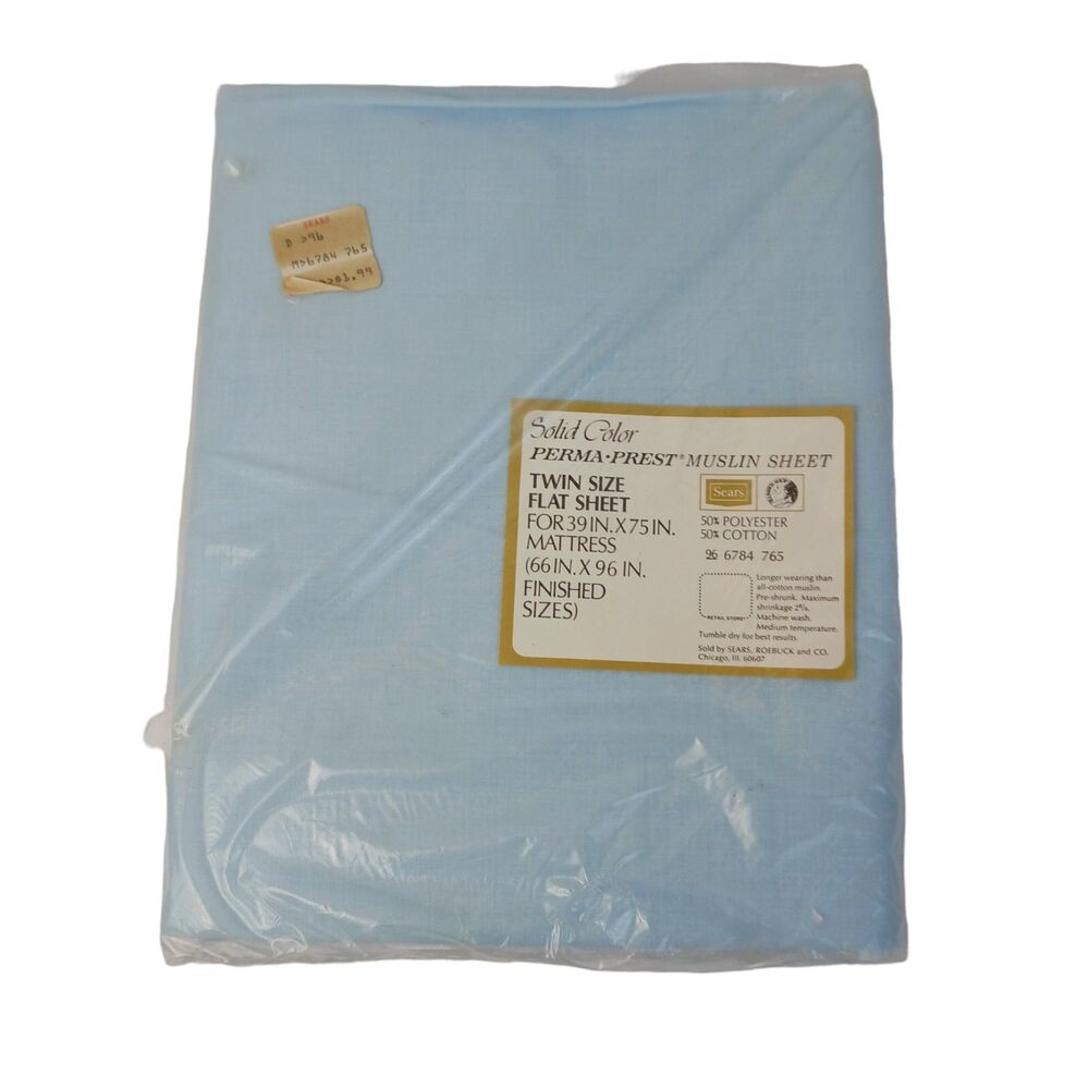 Sears Roebuck Twin Flat Sheet Blue Perma Prest Muslin NOS New Cotton Blend USA